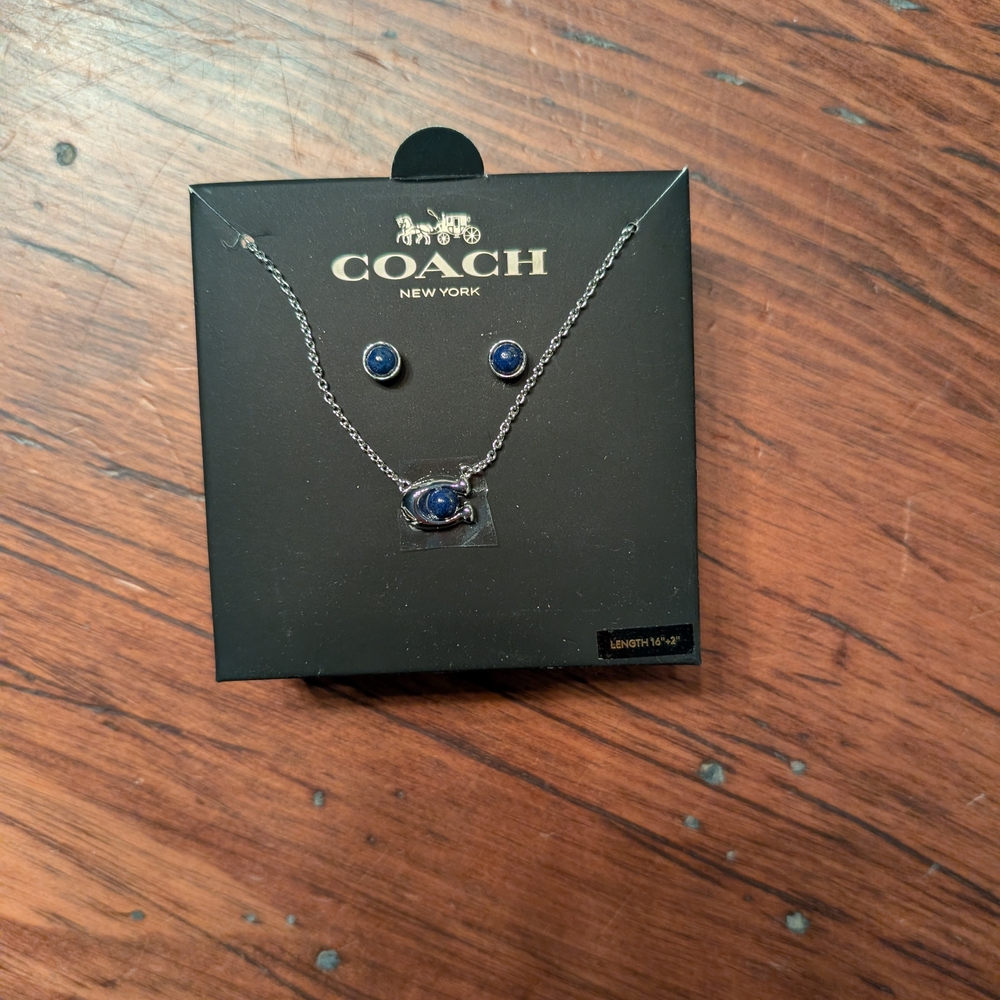 Coach Silver Necklace And Matching Earrings with Deep Blue Accents